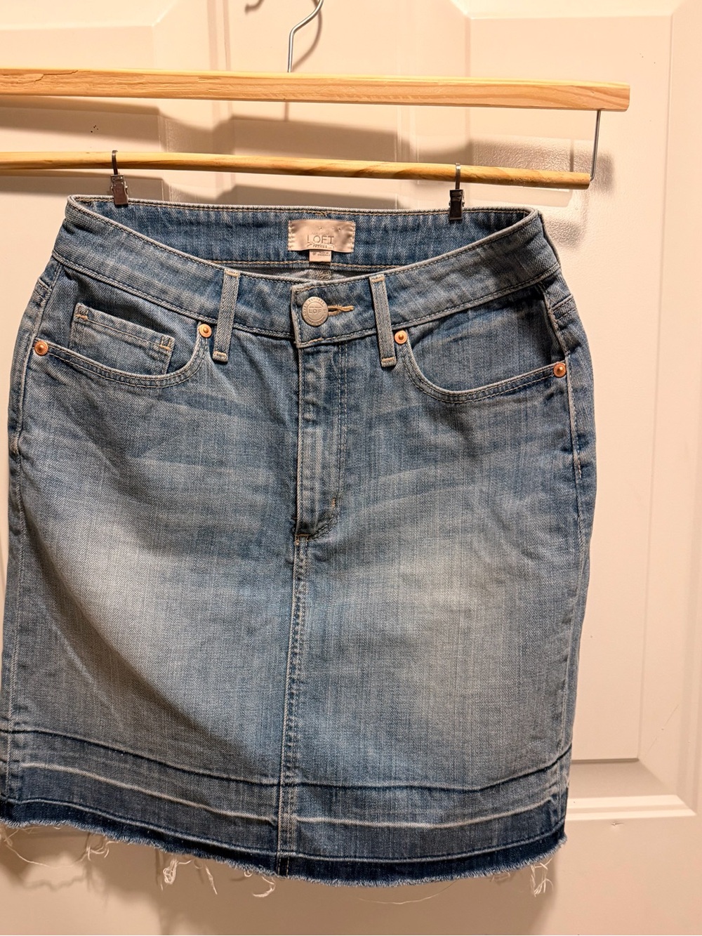 LOFT Light Blue Denim Mini Skirt with Raw Hem